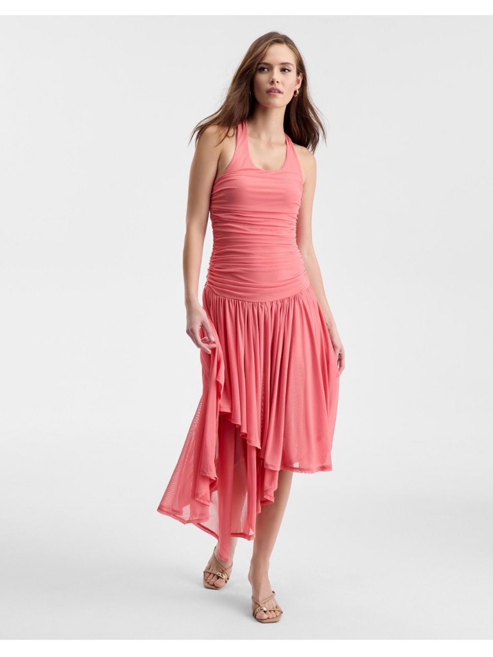 Bar III Coral High-Low Ruched Racerback Dress